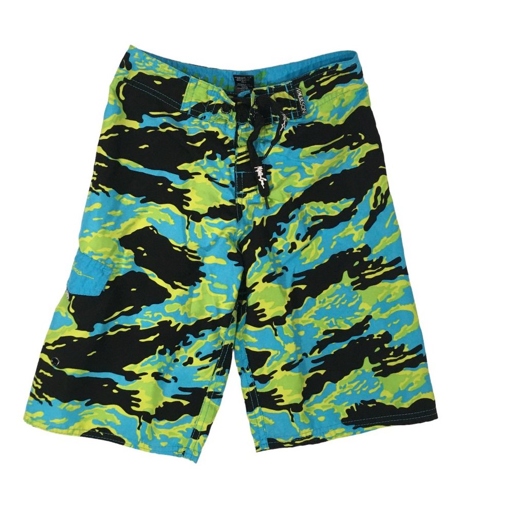 Maui & Sons Youth Small Blue Green Black Camo Board‎ Shorts, Swimming Trunks, S
